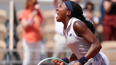 US Coco Gauff celebrates after winning her women's singles quarter final match against Tunisia's Ons Jabeur on Court Philippe-Chatrier on day ten of the French Open tennis tournament at the Roland Garros Complex in Paris on June 4, 2024. (Photo by Dimitar DILKOFF / AFP) (Photo by DIMITAR DILKOFF/AFP via Getty Images)