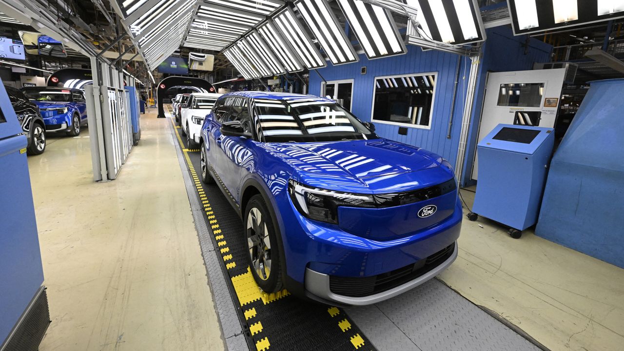 View of the production line of the 100% electric Ford Explorer at the Ford Electric Center Factory in Cologne, western Germany, June 4, 2024.