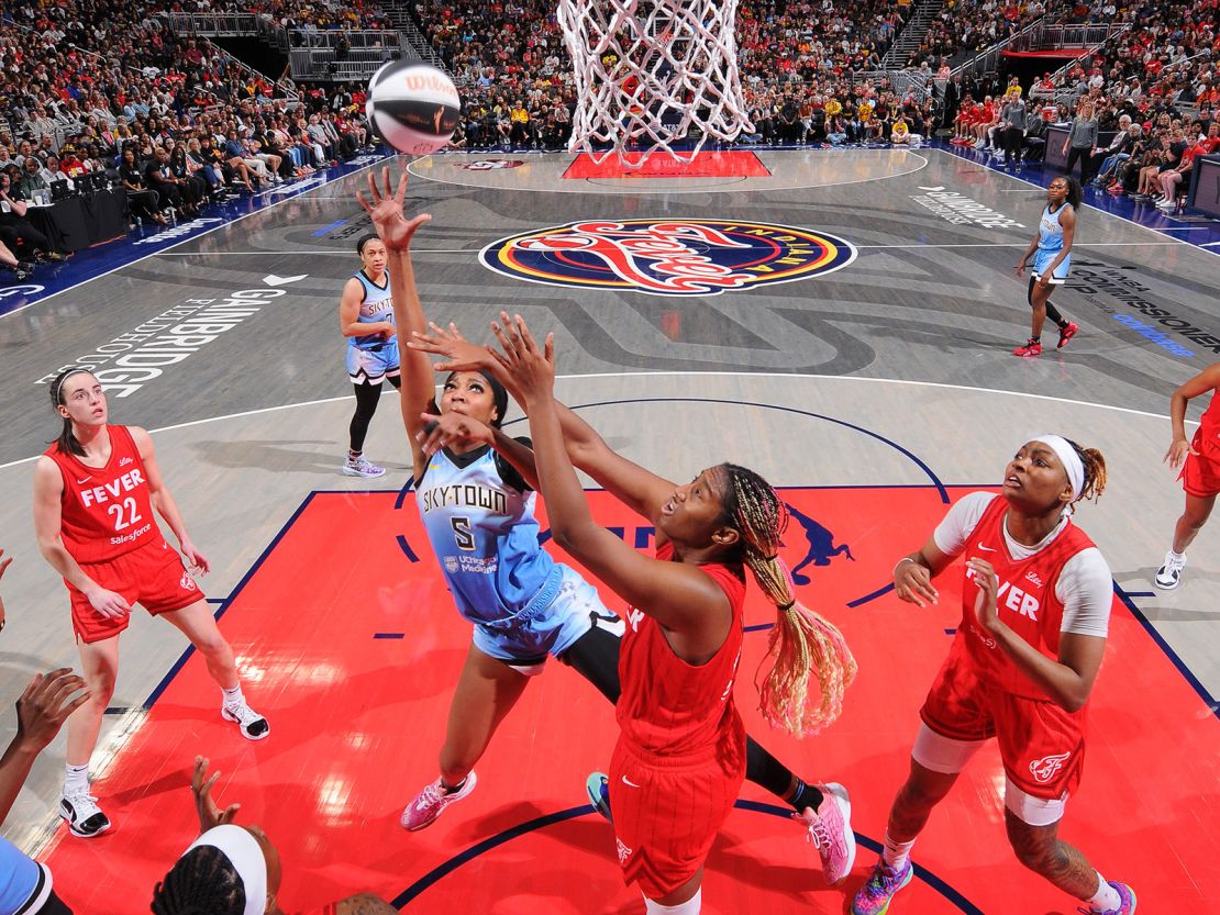 Angel Reese #5 of the Chicago Sky drives to the basket during the game against the Indiana Fever on June 1, 2024 at Gainbridge Fieldhouse in Indianapolis, Indiana.