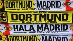 LONDON, ENGLAND - MAY 31: A detailed view of the Borussia Dortmund and Real Madrid scarfs on sale prior to the UEFA Champions League 2023/24 final match between Borussia Dortmund v Real Madrid CF at Wembley Stadium on May 31, 2024 in London, England. (Photo by Justin Setterfield/Getty Images)