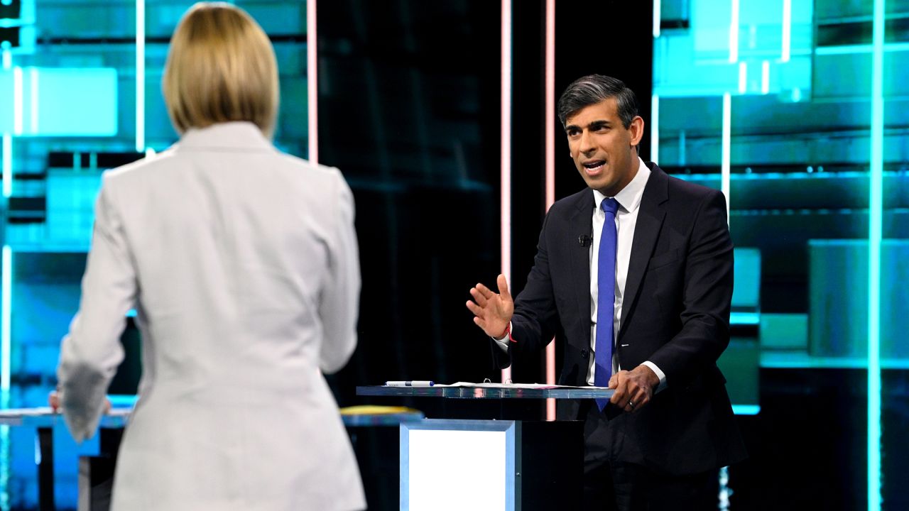SALFORD, ENGLAND - JUNE 4: (EDITOR'S NOTE: This Handout image was provided by a third-party organization and may not adhere to Getty Images' editorial policy.) In this handout provided by ITV, Prime Minister and Conservative Party leader Rishi Sunak is questioned by host Julie Etchingham during the first head-to-head debate of the General Election on June 4, 2024 in Salford, England. The first televised debate of the 2024 General Election between Rishi Sunak and Sir Keir Starmer will take place on ITV. (Photo by Jonathan Hordle - ITV via Getty Images)