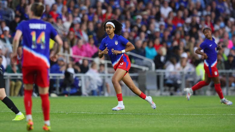 ST PAUL, MINNESOTA - JUNE 4: Lily Yohannes #6 of U.S. Women's National Team makes her first CAP in the second half against Korean Republic at Allianz Field on June 4, 2024 in St Paul, Minnesota. (Photo by Adam Bettcher/Getty Images)