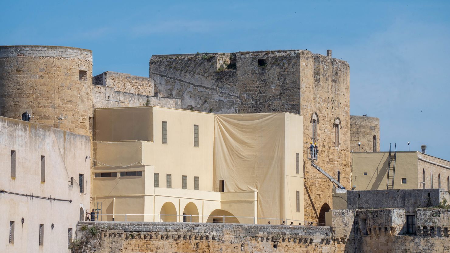 Workers make preparations at the Swabian Castle of Brindisi, Il Castello Svevo di Brindisi, a venue to be used for dinner during the G7 summit, in Brindisi, Italy, on June 4, 2024.