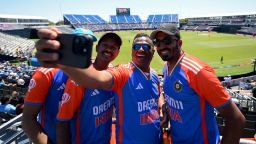 NEW YORK, NEW YORK - JUNE 01: Fans pose for a selfie during the ICC Men's T20 Cricket World Cup West Indies & USA 2024 warm-up match between Bangladesh and India at Nassau County International Cricket Stadium on June 01, 2024 in New York, New York. (Photo by Alex Davidson-ICC/ICC via Getty Images)