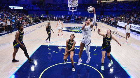 A'ja Wilson drives to the basket during the game against the Dallas Wings.