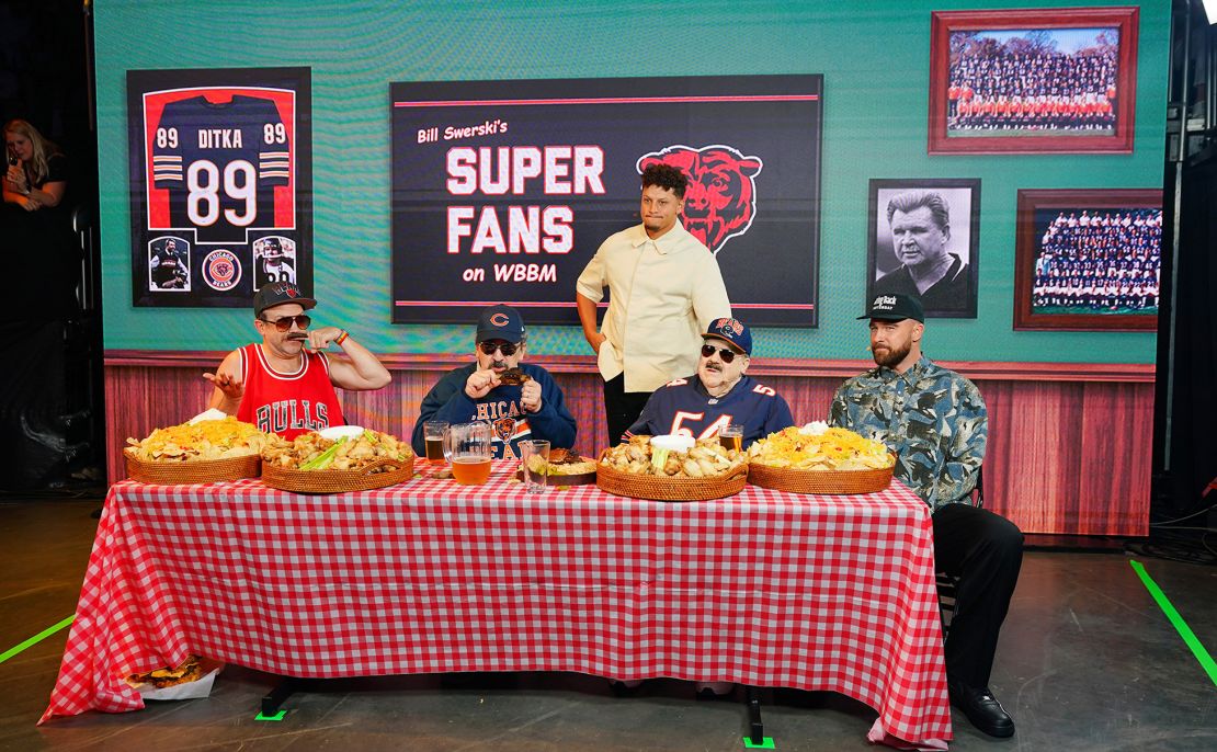 (L-R) Jason Sudeikis, Robert Smigel, Patrick Mahomes, George Wendt, and Travis Kelce perform onstage during 2024 Big Slick Celebrity Weekend on Saturday.