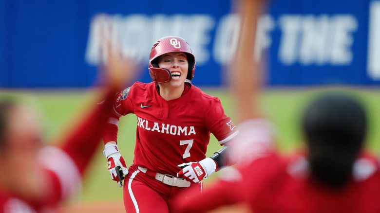 Kasidi Pickering of the Oklahoma Sooners rounds the bases on a two-run home run against the Texas Longhorns during the Championship Finals of the 2024 NCAA Women's College World Series at OGE Energy Field at Devon Park in Oklahoma City, Oklahoma on June 6, 2024.