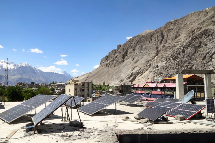 Solar panels installed on the roof of a building at Skardu in Pakistan's Gilgit-Baltistan region where multi-hour daily power cuts are common.