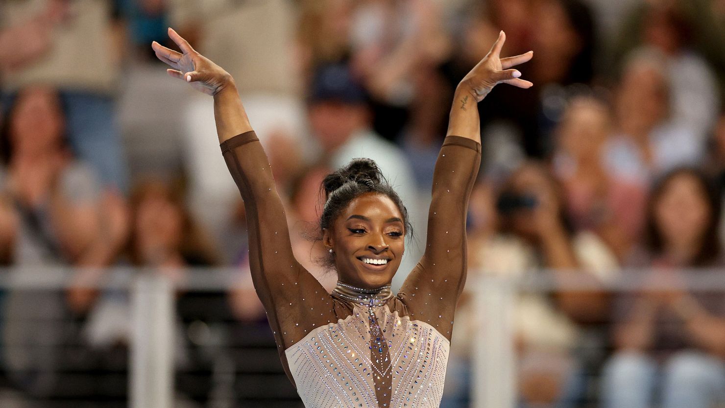 Simone Biles competes in the floor exercise during the 2024 Xfinity US Gymnastics Championships at Dickies Arena on June 2, 2024. (Photo by Elsa/Getty Images)