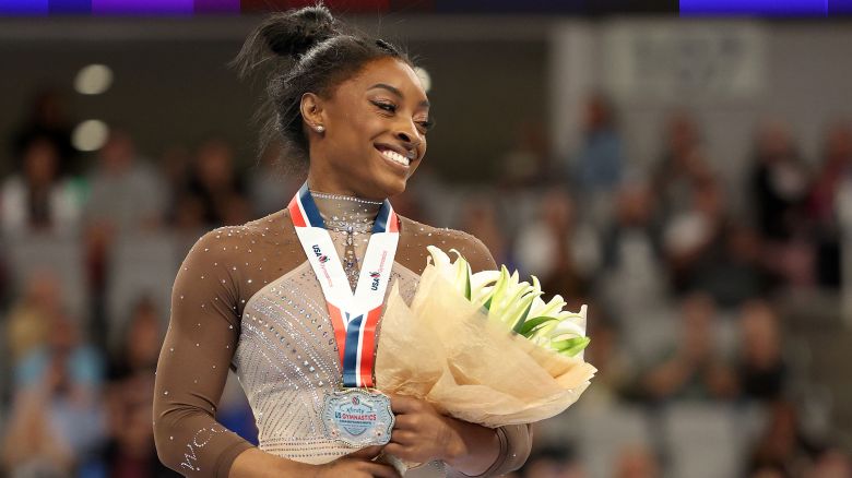 First place all around winner Simone Biles celebrates after the US Gymnastics Championships at Dickies Arena in Fort Worth, Texas, on June 2.