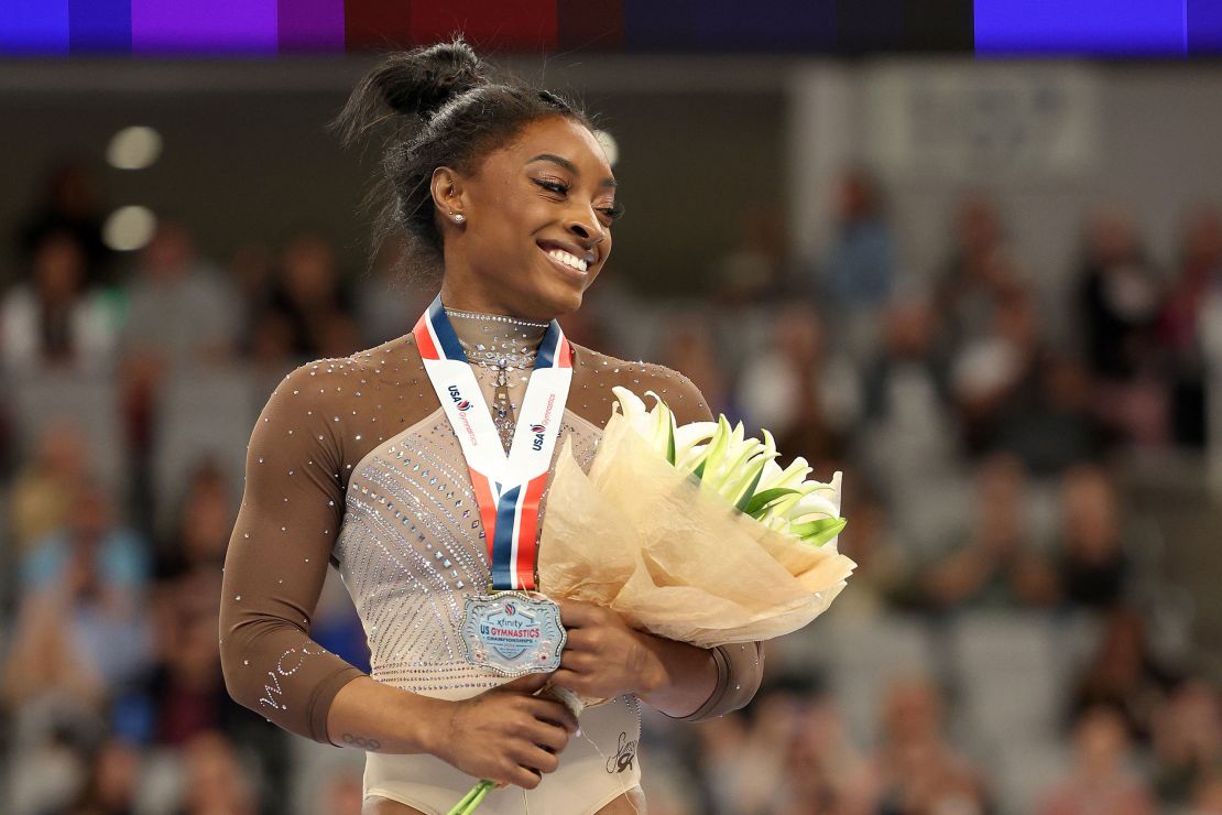Simone Biles celebrates after the US Gymnastics Championships at Dickies Arena in Fort Worth, Texas, on June 2.