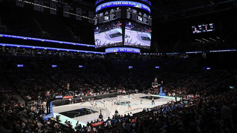 A general view of the game between the New York Liberty and the Indiana Fever during the second half at Barclays Center on June 02, 2024 in New York City.
