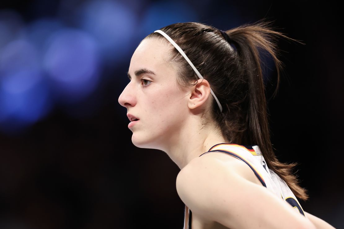 Caitlin Clark #22 of the Indiana Fever looks on against the New York Liberty during the first half at Barclays Center on June 02, 2024 in New York City.