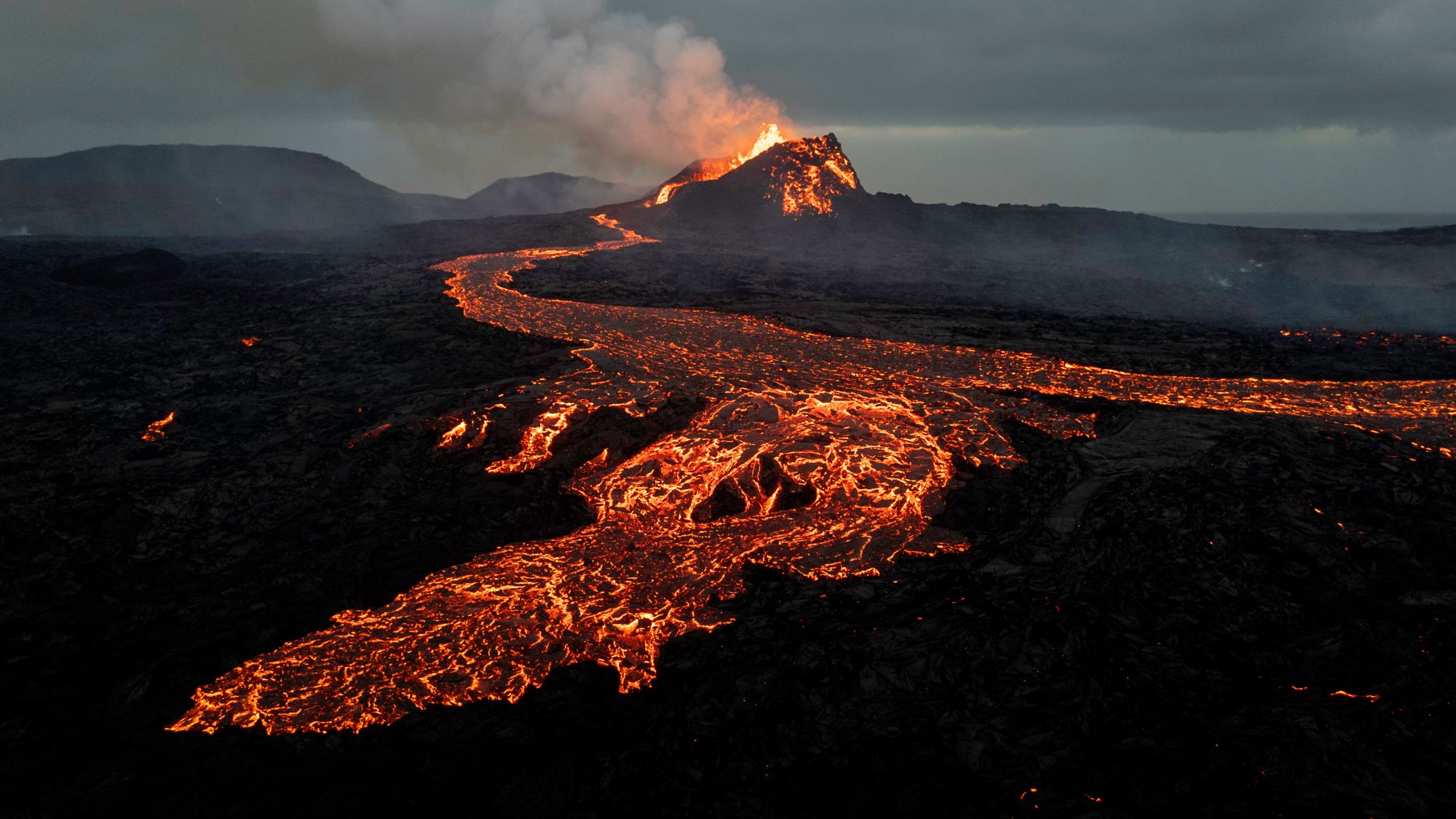 Lava spews from the Sundhnúkur volcano on the Reykjanes Peninsula near Grindavik, Iceland, on June 2, 2024.