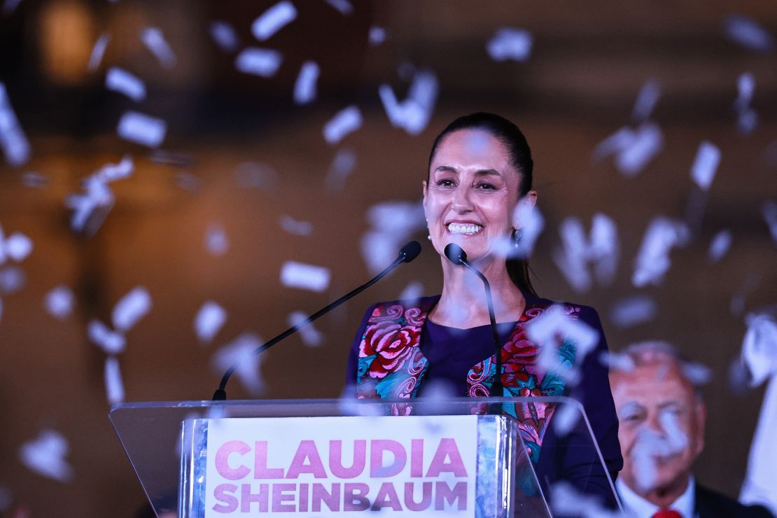 Sheinbaum speaks in Mexico City after exit polls showed she was on course for victory, June 3, 2024.