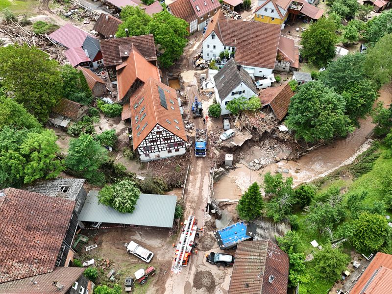 Aerial view of a house destroyed by recent flooding in Rudersberg, Germany on Tuesday.