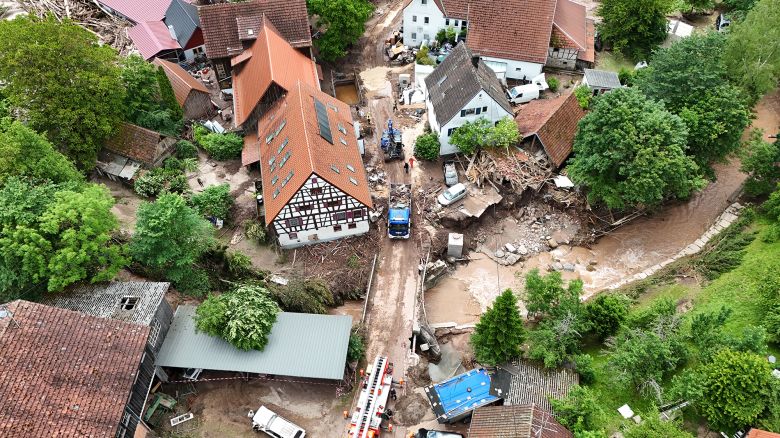 RUDERSBERG, GERMANY - JUNE 04: Aerial view of a house destroyed by recent flooding on June 04, 2024 in Rudersberg, Germany. Residents in flood-hit communities across the southwest German state of Baden-Wuerttemberg are beginning cleanup efforts following floods caused by intense deluges of rain. Meanwhile in nearby Bavaria some communities are still bracing for river levels to peak. (Photo by Thomas Niedermueller/Getty Images)