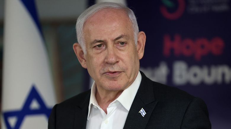 Israeli Prime Minister Benjamin Netanyahu speaks during a press conference at the Sheba Tel-HaShomer Medical Centre on June 8, 2024 in Ramat Gan, Israel.