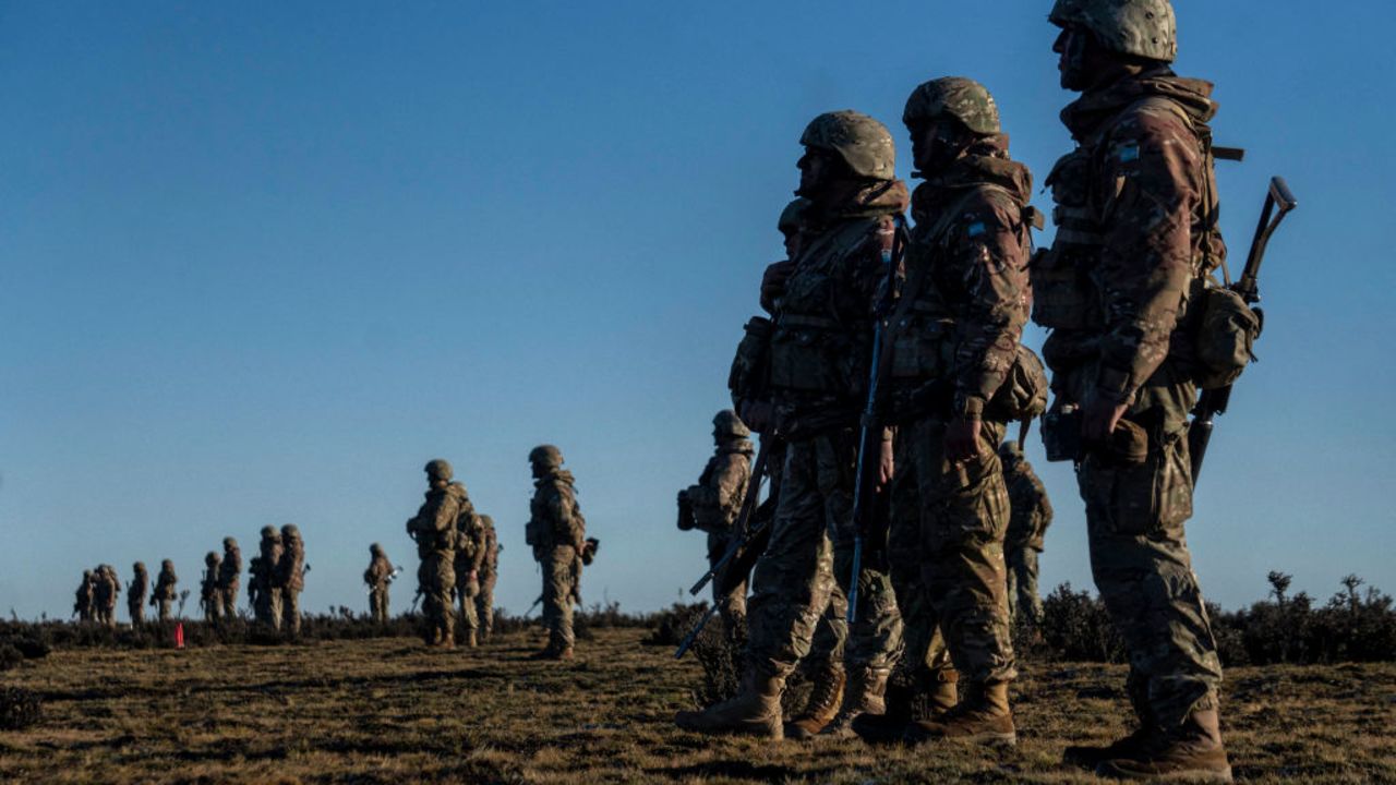 Members of the Argentine Army, 24th Mechanized Infantry Regiment, carry out maneuvers at "Estancia Puesto Cerro Negro", near Rio Gallegos, Santa Cruz, Argentina on June 8, 2024. (Photo by WALTER DIAZ / AFP) (Photo by WALTER DIAZ/AFP via Getty Images)