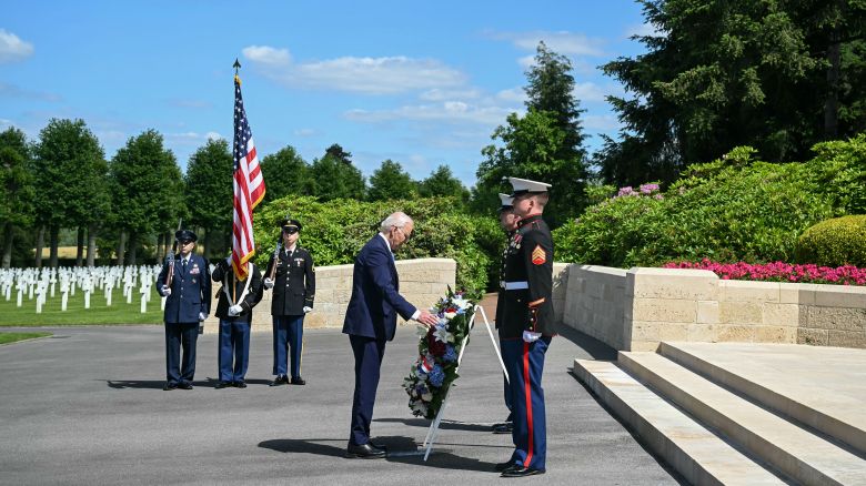 US President Joe Biden pays his tribute to fallen US soldiers of the World War I, in a wreath laying ceremony at the Aisne-Marne American Cemetery in Belleau, Northern France, on June 9, 2024.