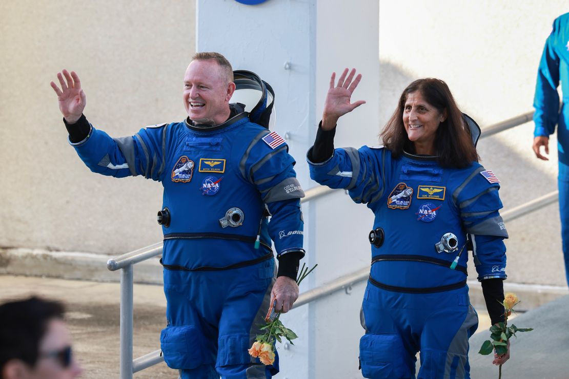 Astronauts Butch Wilmore (left) and Suni Williams wave to the crowd before the Boeing Starliner launch in Cape Canaveral, Florida, on June 5, 2024.