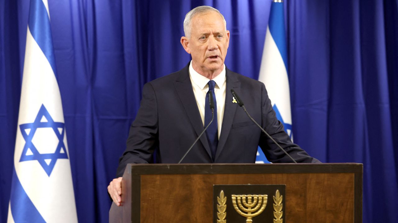 The chairman of the State Camp and Israeli war cabinet member Benny Gantz, give a statement to the media, in the Israeli city of Ramat Gan, near Tel Aviv on June 9, 2024.