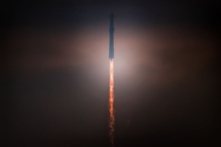 A SpaceX Starship prototype launches from Boca Chica beach on the fourth integrated test flight of the rocket system on June 06, 2024, from Starbase, Texas.