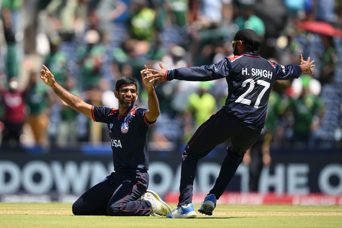 Saurabh Netravalkar (left) bowled the decisive Super Over to help the USA to its famous victory over Pakistan at the Men's T20 Cricket World Cup.