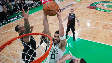 Jayson Tatum of the Boston Celtics dunks the ball against the Dallas Mavericks in Game One of the 2024 NBA Finals at TD Garden in Boston, Massachusetts, on June 06, 2024.