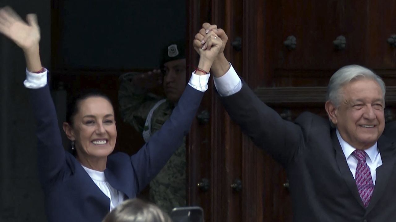 This frame grab from AFPTV video footage shows Mexican outgoing President Andres Manuel Lopez Obrador (R) welcoming Mexico's President-elect Claudia Sheinbaum before a meeting at the presidential palace in Mexico City on June 10, 2024. (Photo by Emma GUILLAUME / AFPTV / AFP) (Photo by EMMA GUILLAUME/AFPTV/AFP via Getty Images)