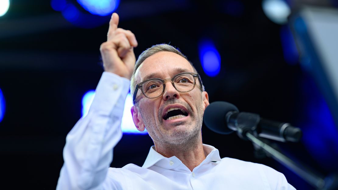 FPÖ leader Herbert Kickl speaks to supporters ahead of European parliamentary elections on June 7.