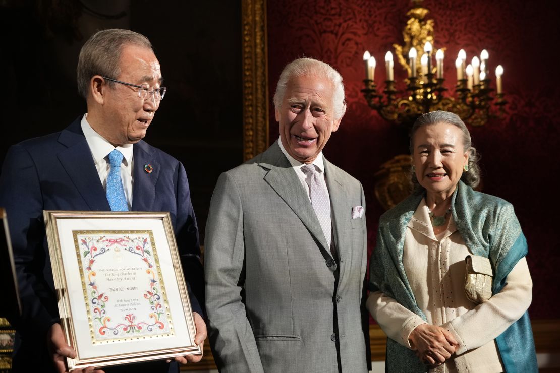 King Charles III presents the Harmony Award to Ban Ki-moon, left, the former United Nations secretary-general, at the King's Foundation awards.