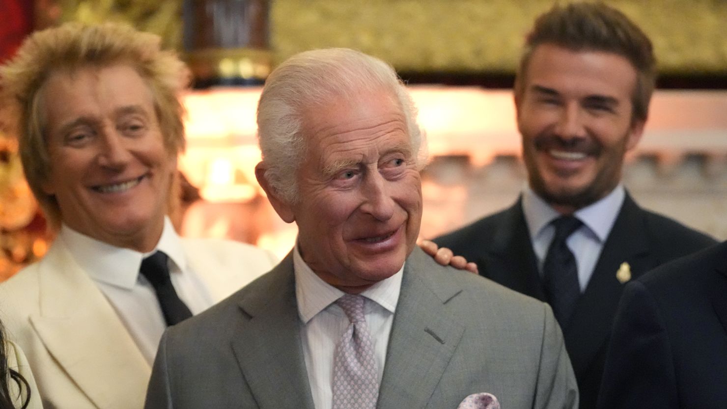 King Charles III with British rock icon Rod Stewart, left, and former footballer David Beckham, right, at the King's Foundation charity awards in London on June 11, 2024