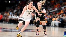 Caitlin Clark #22 of the Indiana Fever handles the ball in the first quarter against Karlie Samuelson #44 of the Washington Mystics at Capital One Arena on June 07, 2024 in Washington, DC.