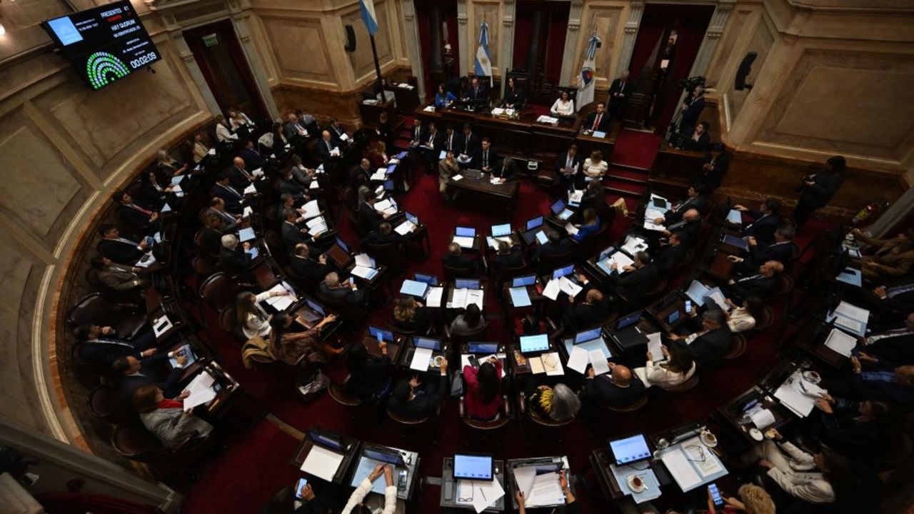 TOPSHOT - Members of the Argentina's Senate attend a session at the National Congress in Buenos Aires on June 12, 2024. Argentine senators are discussing a key reform package for the ultra-right-wing president Javier Milei, in a session marked by strikes and demonstrations in front of Congress. (Photo by Luis ROBAYO / AFP) (Photo by LUIS ROBAYO/AFP via Getty Images)