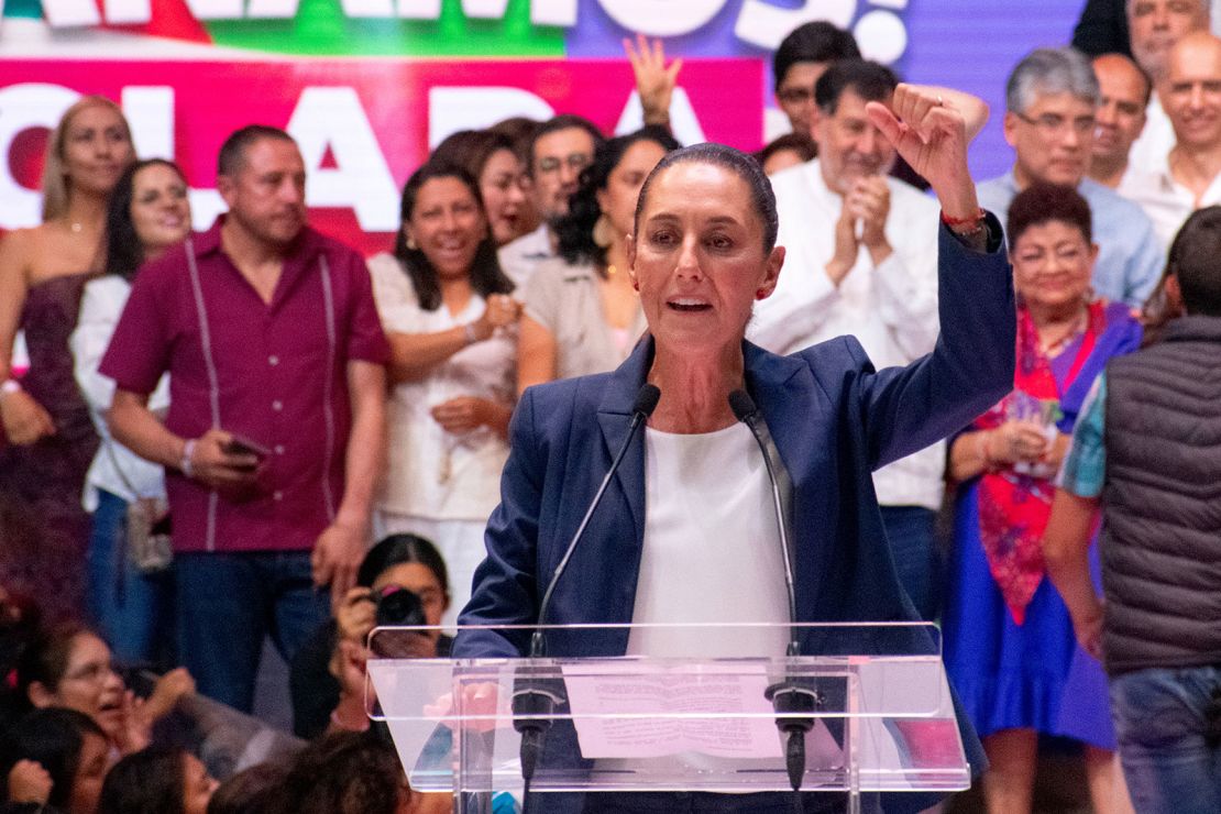 President-elect Claudia Sheinbaum Pardo of the "Sigamos Hazando Historia" coalition speaks in the Arena México earlier this year.