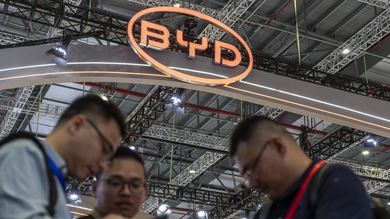 The BYD Co. logo at the International Photovoltaic Power Generation and Smart Energy Expo in Shanghai, China, on Thursday, June 13, 2024.