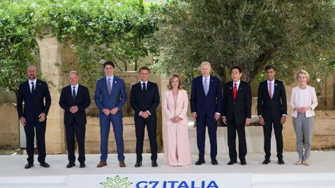 TOPSHOT - From left : President of the European Council Charles Michel, German Chancellor Olaf Scholz, Canadian Prime Minister Justin Trudeau, French President Emmanuel Macron, Italy's Prime Minister Giorgia Meloni, US President Joe Biden, Japanese Prime Minister Fumio Kishida, British Prime Minister Rishi Sunak and President of the European Commission Ursula von der Leyen pose for a family photo at Borgo Egnazia resort during the G7 Summit hosted by Italy in Apulia region, on June 13, 2024 in Savelletri. Leaders of the G7 wealthy nations gather in southern Italy this week against the backdrop of global and political turmoil, with boosting support for Ukraine top of the agenda. (Photo by Mandel NGAN / AFP) (Photo by MANDEL NGAN/AFP via Getty Images)