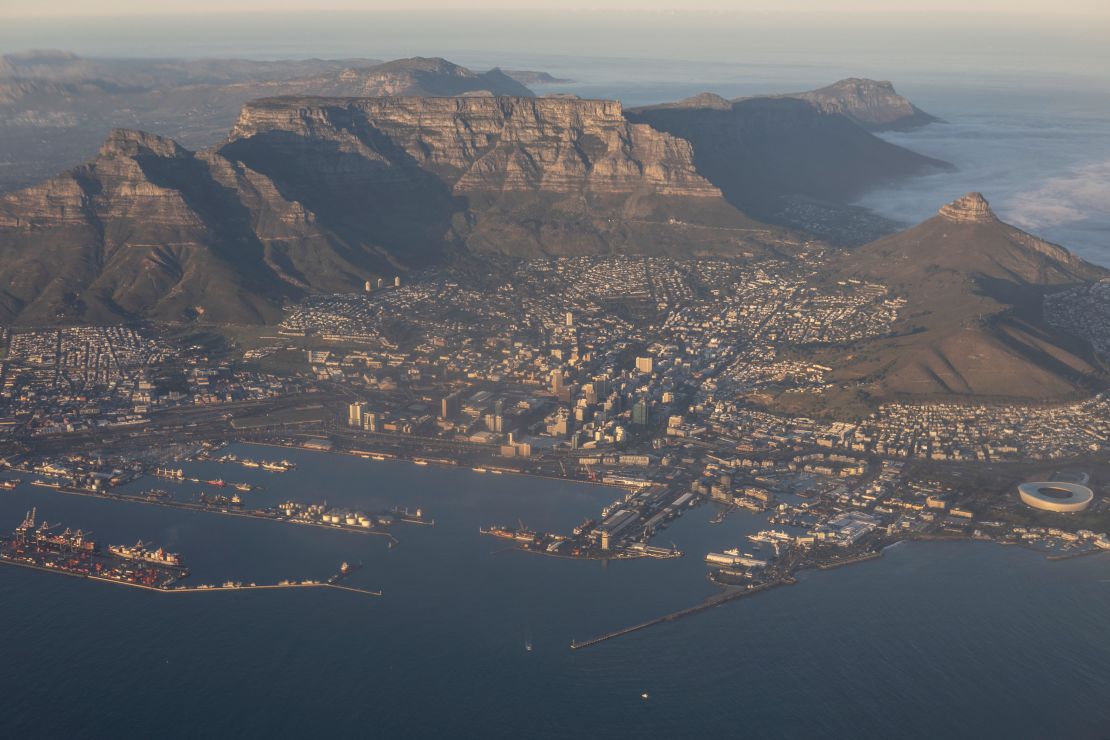 A view of Devils Peak, left, Table Mountain and the city center, and Lions Head in Cape Town on June 13, 2024.