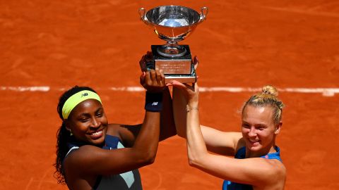 Coco Gauff of United States and Katerina Siniakova of Czechia celebrate with the trophy after victory against Jasmine Paolini of Italy and Sara Errani of Italy in the Women's Doubles Final match on Day 15 of the 2024 French Open at Roland Garros on June 09, 2024 in Paris, France.