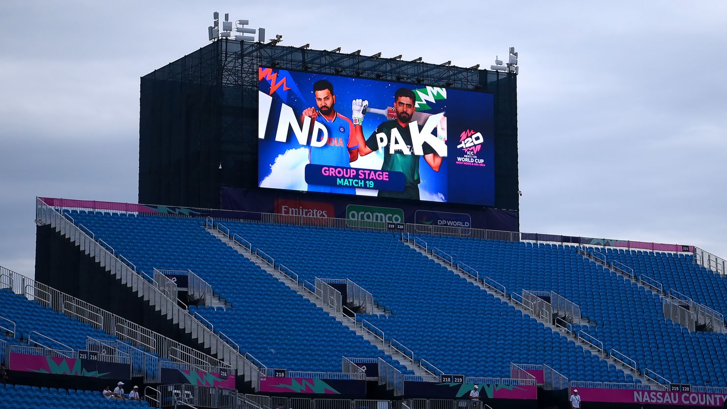 An LED screen inside Nassau County International Cricket Stadium displays the match information prior to the ICC Men's T20 Cricket World Cup match between India and Pakistan.