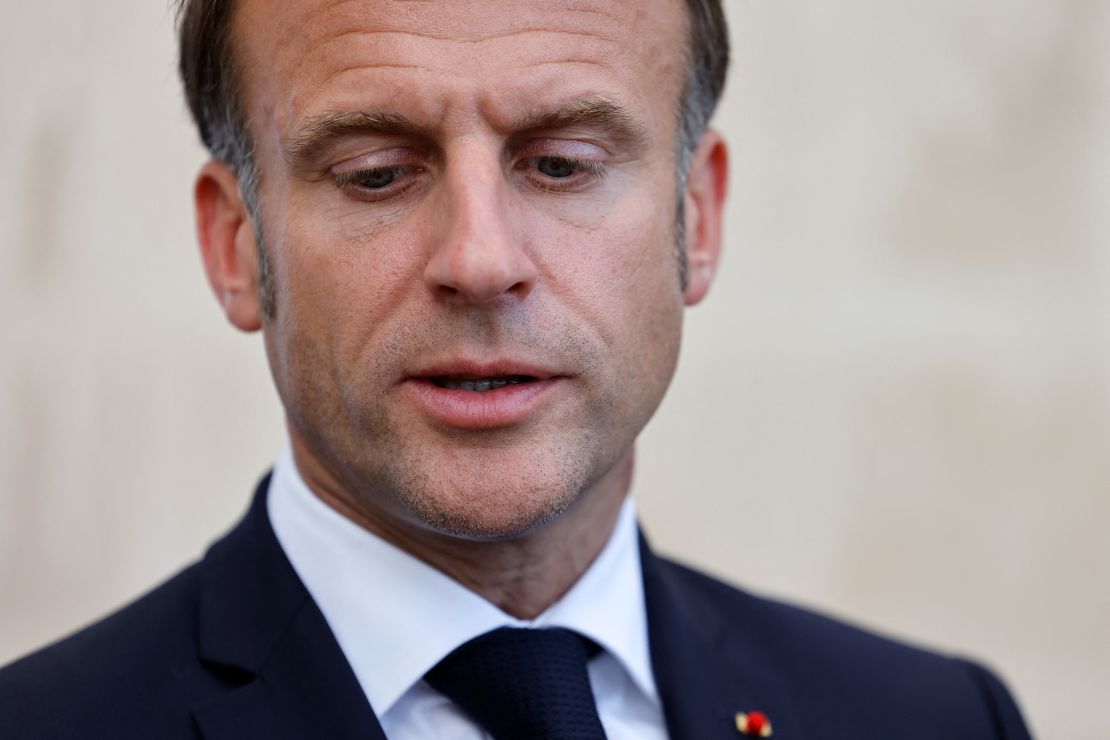 French President Emmanuel Macron speaks during the G7 summit in Italy on June 13, 2024.