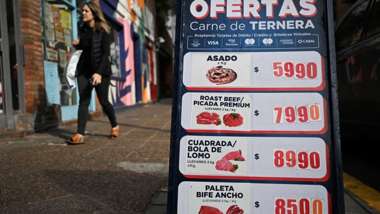 A meat price sign is seen on a street in Buenos Aires on June 13, 2024. Monthly inflation in economic crisis-riddled Argentina came in at 4.2 percent in May, the lowest in two-and-a-half years, mainly due to a drop in domestic consumption, and interannual inflation stands at 276.4%, the INDEC statistics agency said on June 13, 2024. (Photo by LUIS ROBAYO / AFP) (Photo by LUIS ROBAYO/AFP via Getty Images)