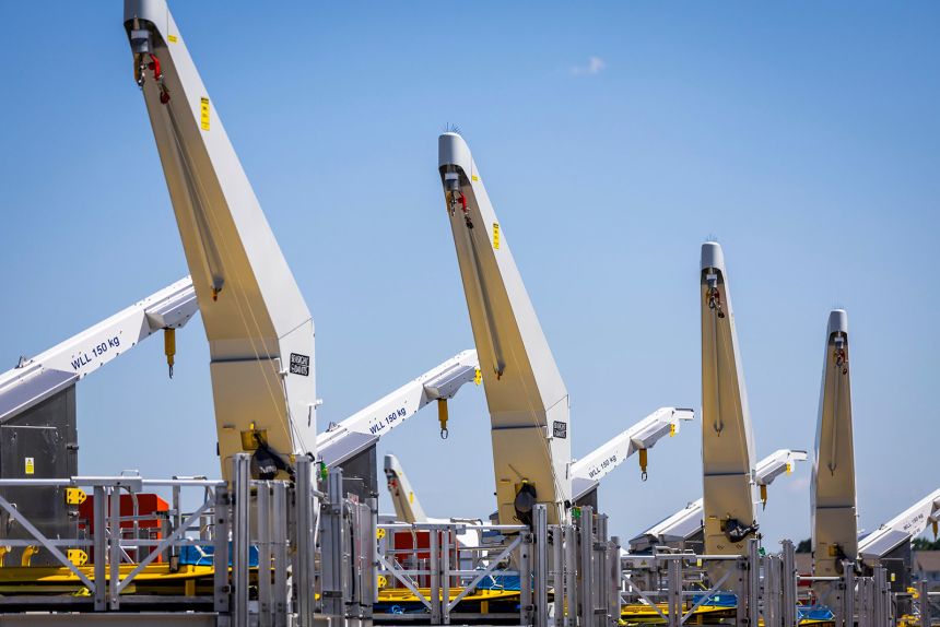 Wind turbine foundation components are seen at the Revolution Wind construction hub at the Port of Providence in Providence, Rhode Island, on  June 13, 2024.