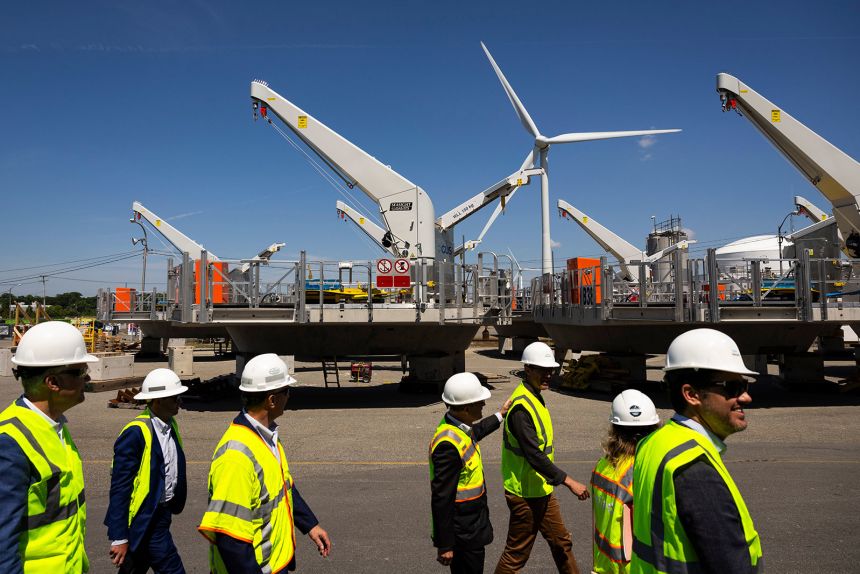 Wind turbine foundation components are seen at the Revolution Wind construction hub at the Port of Providence in Providence, Rhode Island, on Lune 13, 2024.