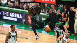 BOSTON, MASSACHUSETTS - JUNE 09: Jaylen Brown #7 of the Boston Celtics dunks the ball against the Dallas Mavericks during the fourth quarter in Game Two of the 2024 NBA Finals at TD Garden on June 09, 2024 in Boston, Massachusetts. NOTE TO USER: User expressly acknowledges and agrees that, by downloading and or using this photograph, User is consenting to the terms and conditions of the Getty Images License Agreement. (Photo by Maddie Meyer/Getty Images)