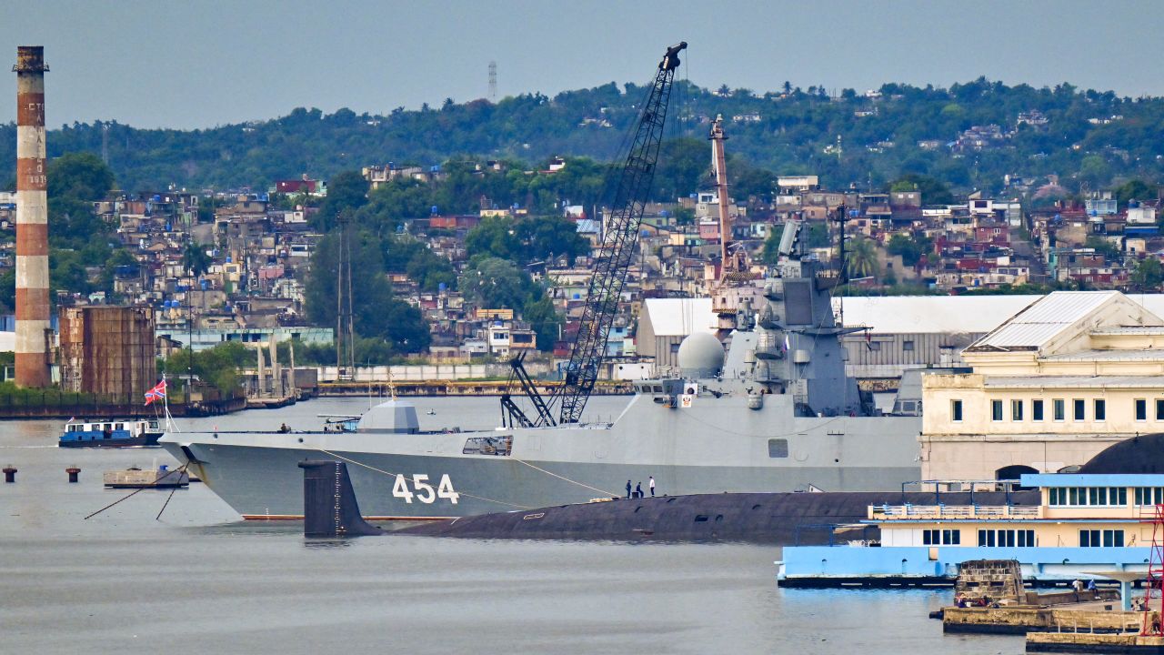 Russian nuclear-powered submarine Kazan (front) and class frigate Admiral Gorshkov, part of the Russian naval detachment visiting Cuba, remain docked in Havana harbor on June 14, 2024. . The unusual deployment of the Russian military so close to the United States -- particularly the powerful submarine -- comes amid major tensions over the war in Ukraine, where the Western-backed government is fighting a Russian invasion. (Photo by ADALBERTO ROQUE / AFP) (Photo by ADALBERTO ROQUE/AFP via Getty Images)