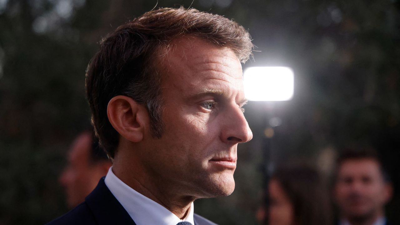 French President Emmanuel Macron looks on as he speaks to the media during the G7 Summit at the Borgo Egnazia resort in Savelletri, near Bari, Italy, on June 14, 2024.