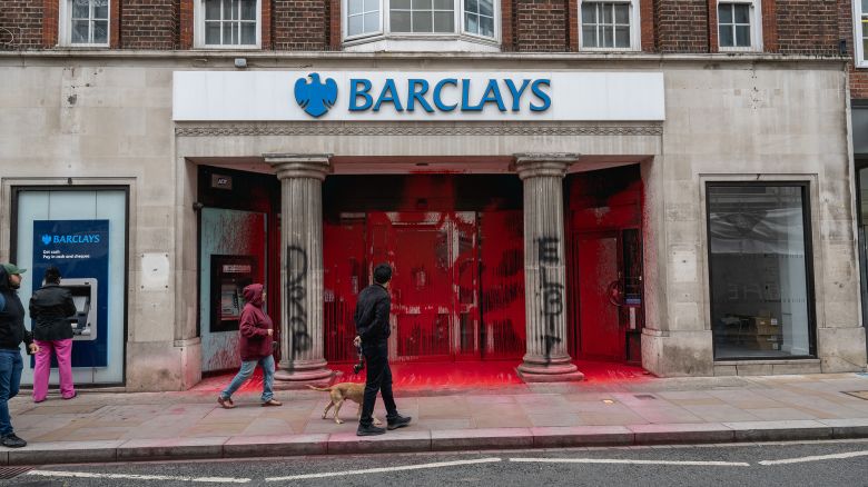 The scene at Barclay's bank in Richmond after several branches were attacked overnight by supporters of Palestine Action over links to Elbit Systems and the Israeli military on June 10, 2024 in London, England.