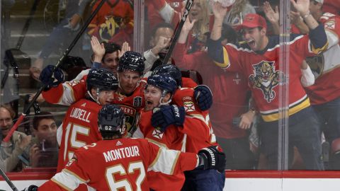 SUNRISE, FLORIDA - JUNE 10: Niko Mikkola #77 of the Florida Panthers celebrates with teammates after scoring a goal against the Edmonton Oilers during the second period in Game Two of the 2024 Stanley Cup Final at Amerant Bank Arena on June 10, 2024 in Sunrise, Florida. (Photo by Elsa/Getty Images)